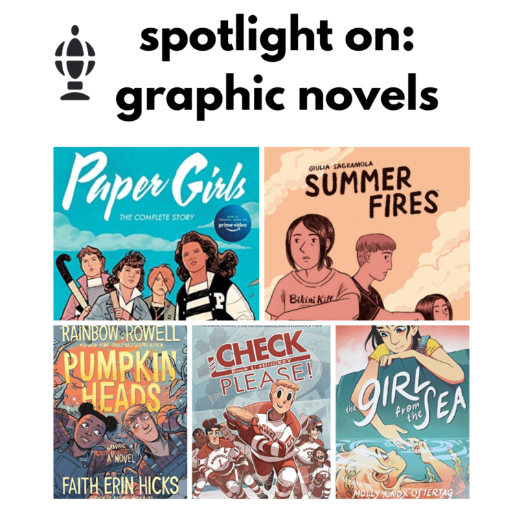 A collage showcasing five graphic novel covers under the title 