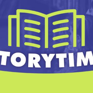 Promotional image for a Storytime event featuring a large, stylized teal book icon against a deep blue background with the word 'STORYTIME' in bold white letters at the bottom