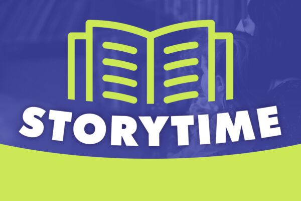 Promotional image for a Storytime event featuring a large, stylized teal book icon against a deep blue background with the word 'STORYTIME' in bold white letters at the bottom