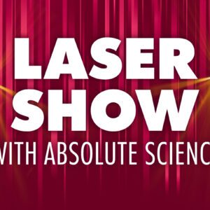 A vibrant promotional image featuring bold white text on a red background with vertical light beams. The text reads "LASER SHOW" in large, capitalized letters, with "WITH ABSOLUTE SCIENCE" written below in a smaller, uppercase font. Bright golden-yellow laser beams emanate from both sides of the image, intersecting the letters and creating a dynamic, glowing effect. The background includes a gradient of red hues and vertical light streaks, enhancing the energetic and futuristic theme of the design.