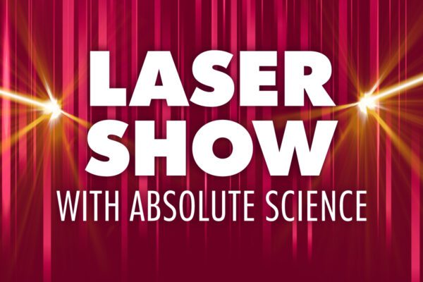 A vibrant promotional image featuring bold white text on a red background with vertical light beams. The text reads "LASER SHOW" in large, capitalized letters, with "WITH ABSOLUTE SCIENCE" written below in a smaller, uppercase font. Bright golden-yellow laser beams emanate from both sides of the image, intersecting the letters and creating a dynamic, glowing effect. The background includes a gradient of red hues and vertical light streaks, enhancing the energetic and futuristic theme of the design.