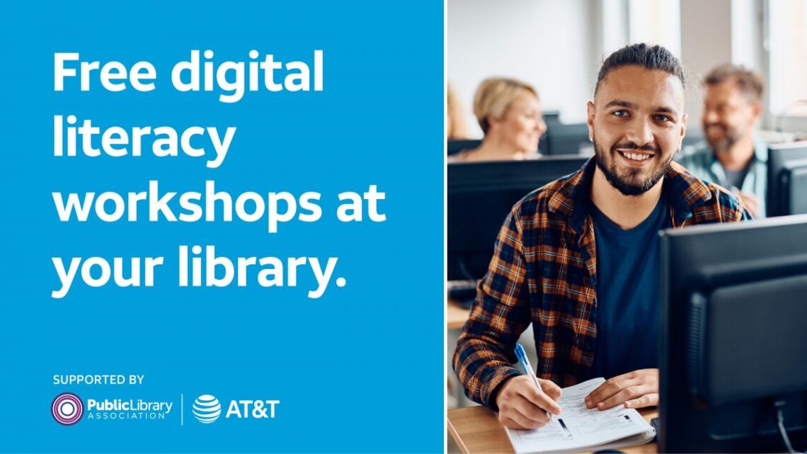 Promotional image for free digital literacy workshops at libraries. The left half of the image features a blue background with bold white text reading, 