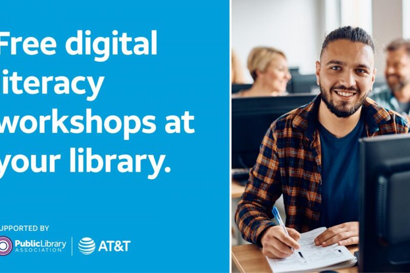 Promotional image for free digital literacy workshops at libraries. The left half of the image features a blue background with bold white text reading, 