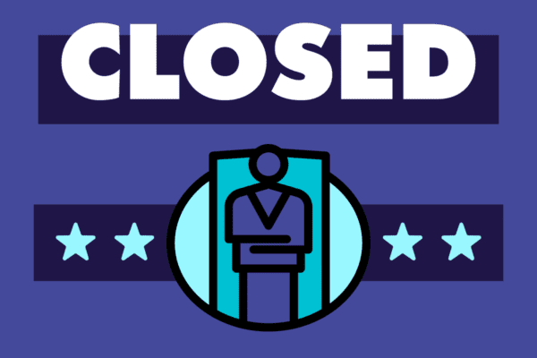 Graphic design featuring the word "CLOSED" in bold white uppercase letters at the top, set against a dark blue horizontal stripe on a purple background. Below, a stylized icon of a person in a suit